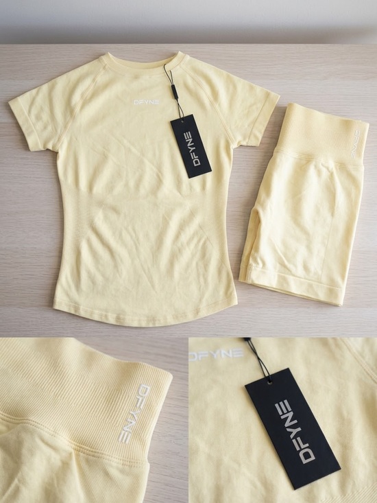 Dfyne Pants - Dfyne Short Sleeve Top Shorts Set Pale Yellow gym stretch nwt s m l